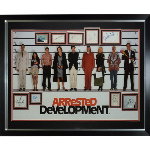 Arrested Development Full-Size TV Poster Deluxe Framed with all 9 Cast Autographs - JSA | Collectible Memorabilia-Powers Sports Memorabilia
