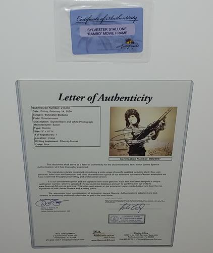 Autographed Rambo Full-Size Movie Poster Deluxe Framed with Sylvester Stallone 8x10 Photo - JSA-Powers Sports Memorabilia