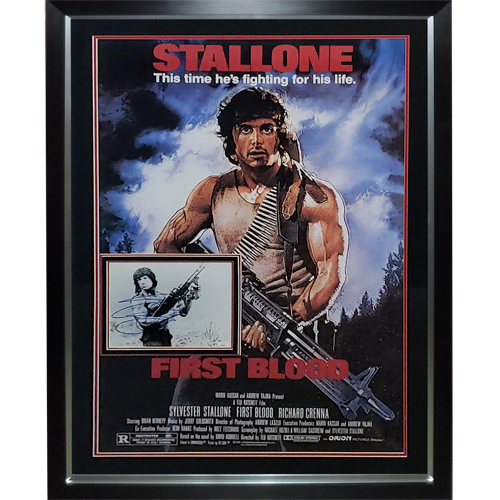 Autographed Rambo Full-Size Movie Poster Deluxe Framed with Sylvester Stallone 8x10 Photo - JSA-Powers Sports Memorabilia