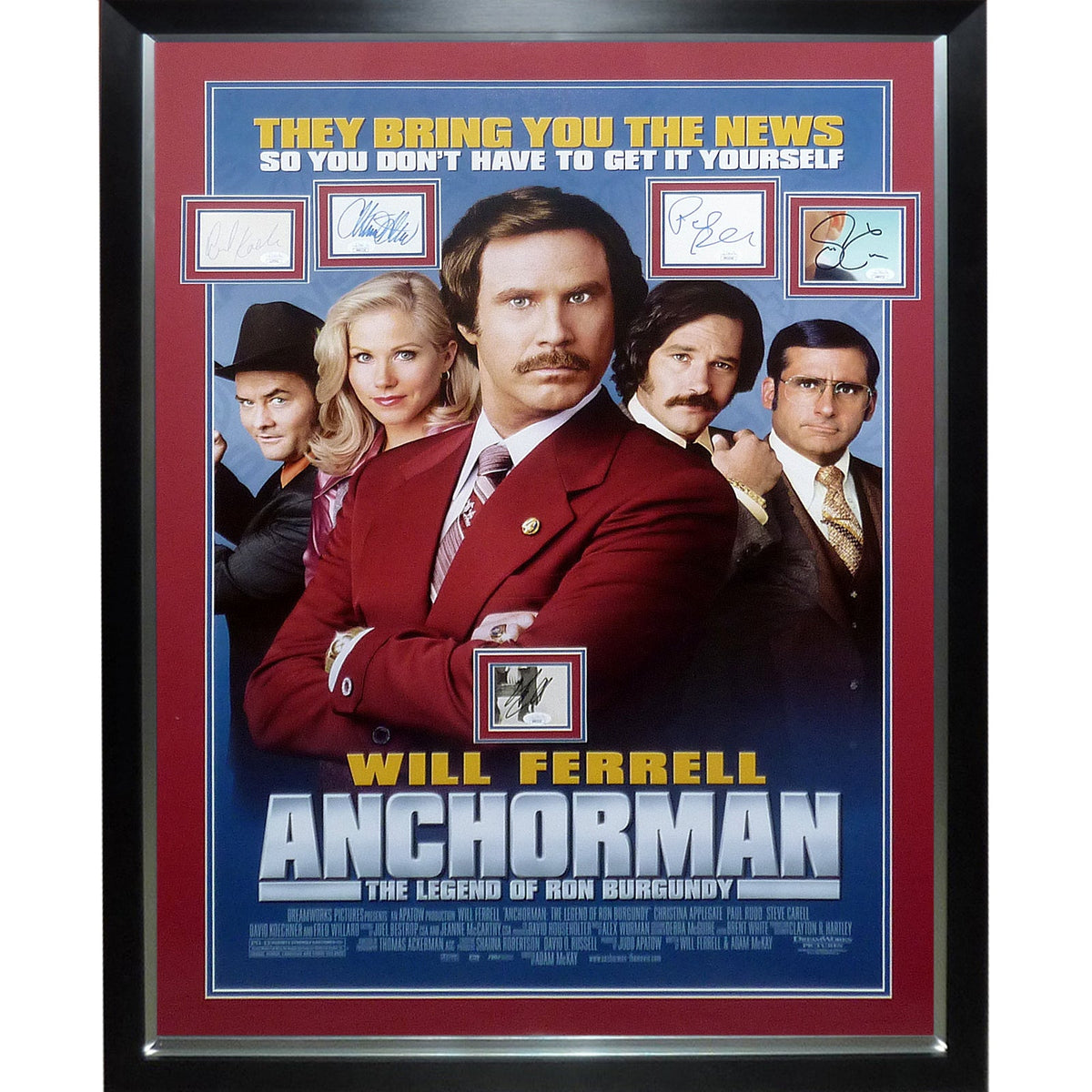 Anchorman Full-Size Movie Poster Deluxe Framed with Will Ferrell, Carell, Rudd, Applegate and Koechner Autographs - JSA-Powers Sports Memorabilia