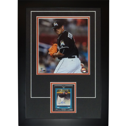Autographed Jose Fernandez Baseball Card Deluxe Framed with Miami Marlins 8x10 Photo-Powers Sports Memorabilia