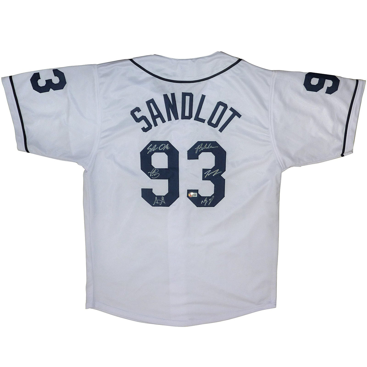 Autographed The Sandlot Cast (White #93) Custom Baseball Jersey - 6 Signatures - Beckett-Powers Sports Memorabilia