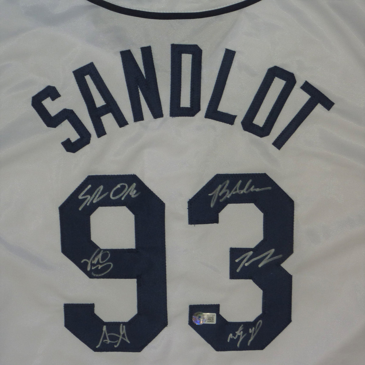Autographed The Sandlot Cast (White #93) Custom Baseball Jersey - 6 Signatures - Beckett-Powers Sports Memorabilia
