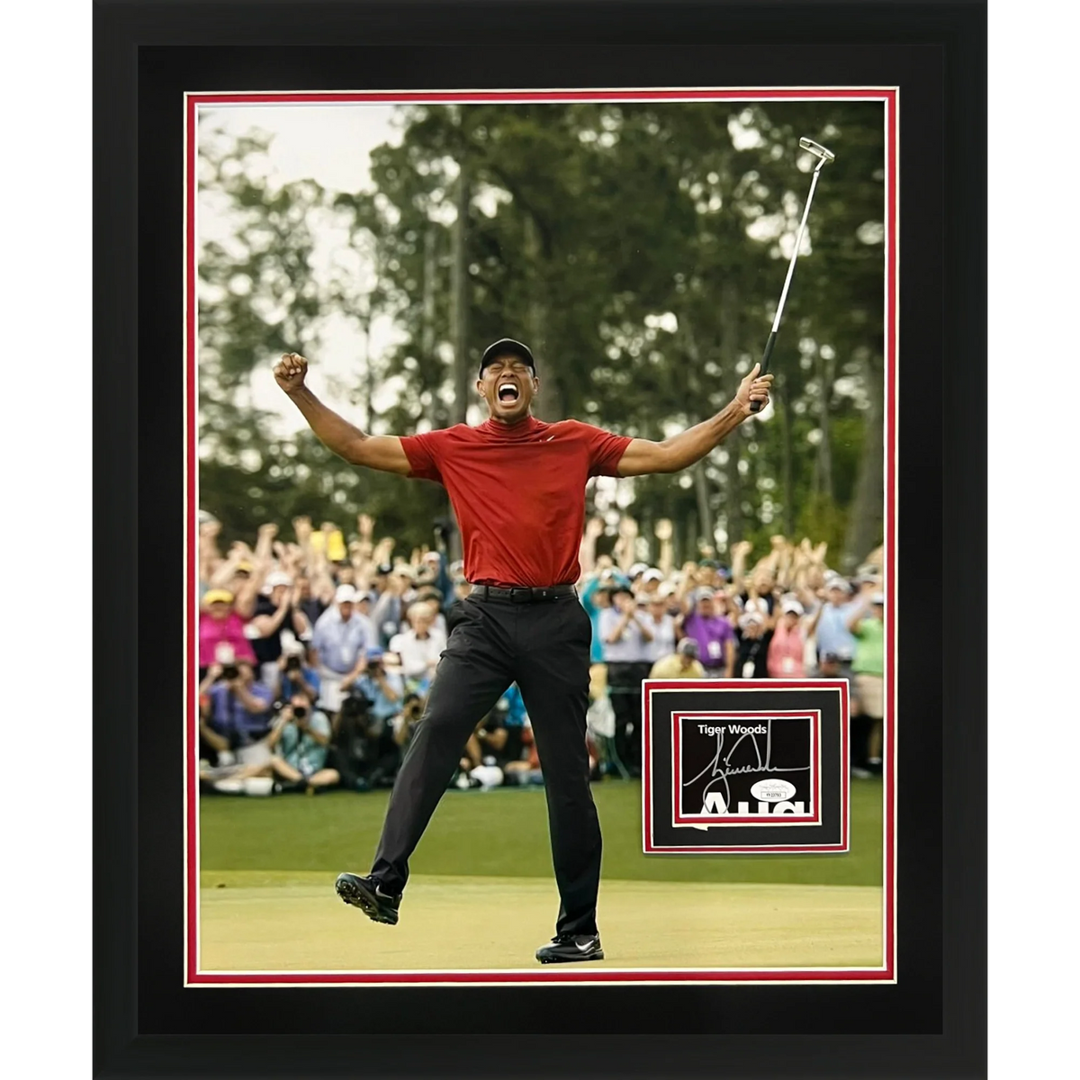Tiger Woods 2019 Masters Celebration 16x20 Deluxe Framed with Cut Signature - JSA | Collectible Memorabilia-Powers Sports Memorabilia