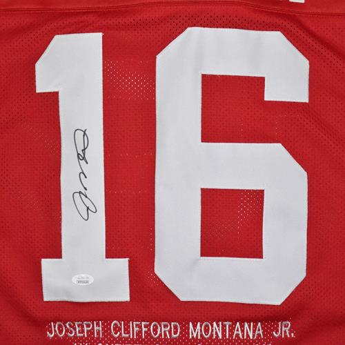 Autographed Joe Montana San Francisco (Red #16) Custom STAT Jersey - JSA-Powers Sports Memorabilia