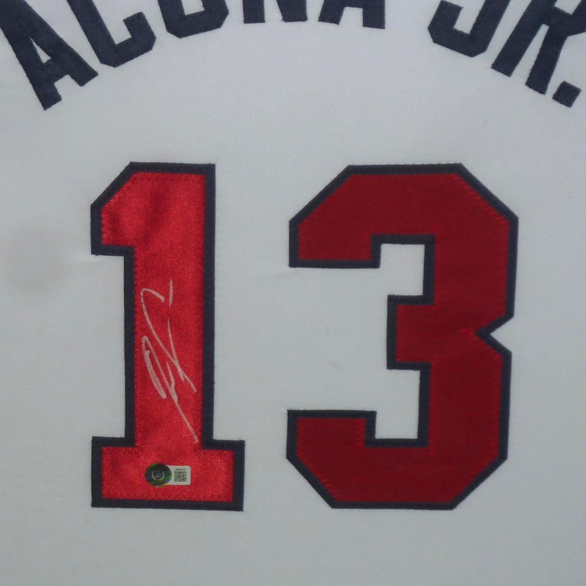 Autographed Ronald Acuna Jr. Atlanta Braves (White #13) Deluxe Framed Jersey - Beckett-Powers Sports Memorabilia