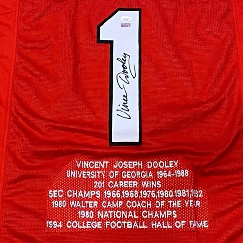 Autographed Vince Dooley Georgia (Red #1) Custom STAT Jersey - JSA-Powers Sports Memorabilia