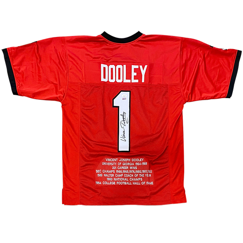 Autographed Vince Dooley Georgia (Red #1) Custom STAT Jersey - JSA-Powers Sports Memorabilia