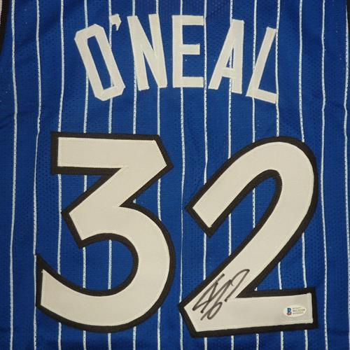 Autographed Shaquille O'Neal Orlando (Blue Pinstripe #32) Custom Jersey - Beckett-Powers Sports Memorabilia