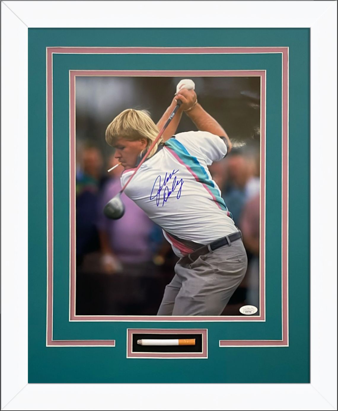 Autographed John Daly Golf (Smoking) 11x14 Photo Deluxe Framed with Cigarette - White Frame - JSA-Powers Sports Memorabilia