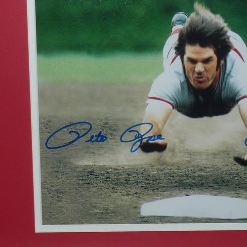 Autographed Pete Rose Cincinnati Reds (Head First Slide) Deluxe Framed 11x14 Photo w/ Charlie Hustle - JSA-Powers Sports Memorabilia