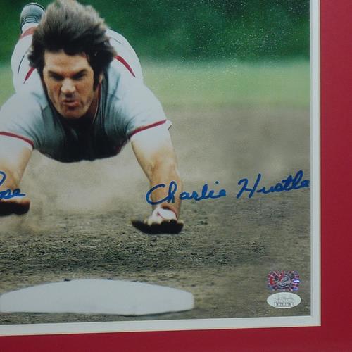 Autographed Pete Rose Cincinnati Reds (Head First Slide) Deluxe Framed 11x14 Photo w/ Charlie Hustle - JSA-Powers Sports Memorabilia