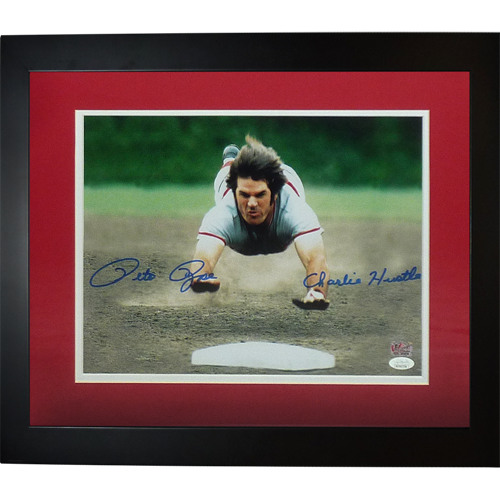 Autographed Pete Rose Cincinnati Reds (Head First Slide) Deluxe Framed 11x14 Photo w/ Charlie Hustle - JSA-Powers Sports Memorabilia