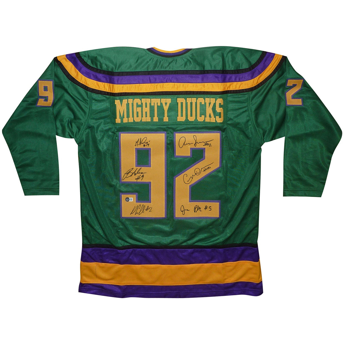 Autographed Mighty Ducks Cast (Green #92) Custom Hockey Jersey w/ Ducks Fly Together - 6 Signatures - Beckett-Powers Sports Memorabilia