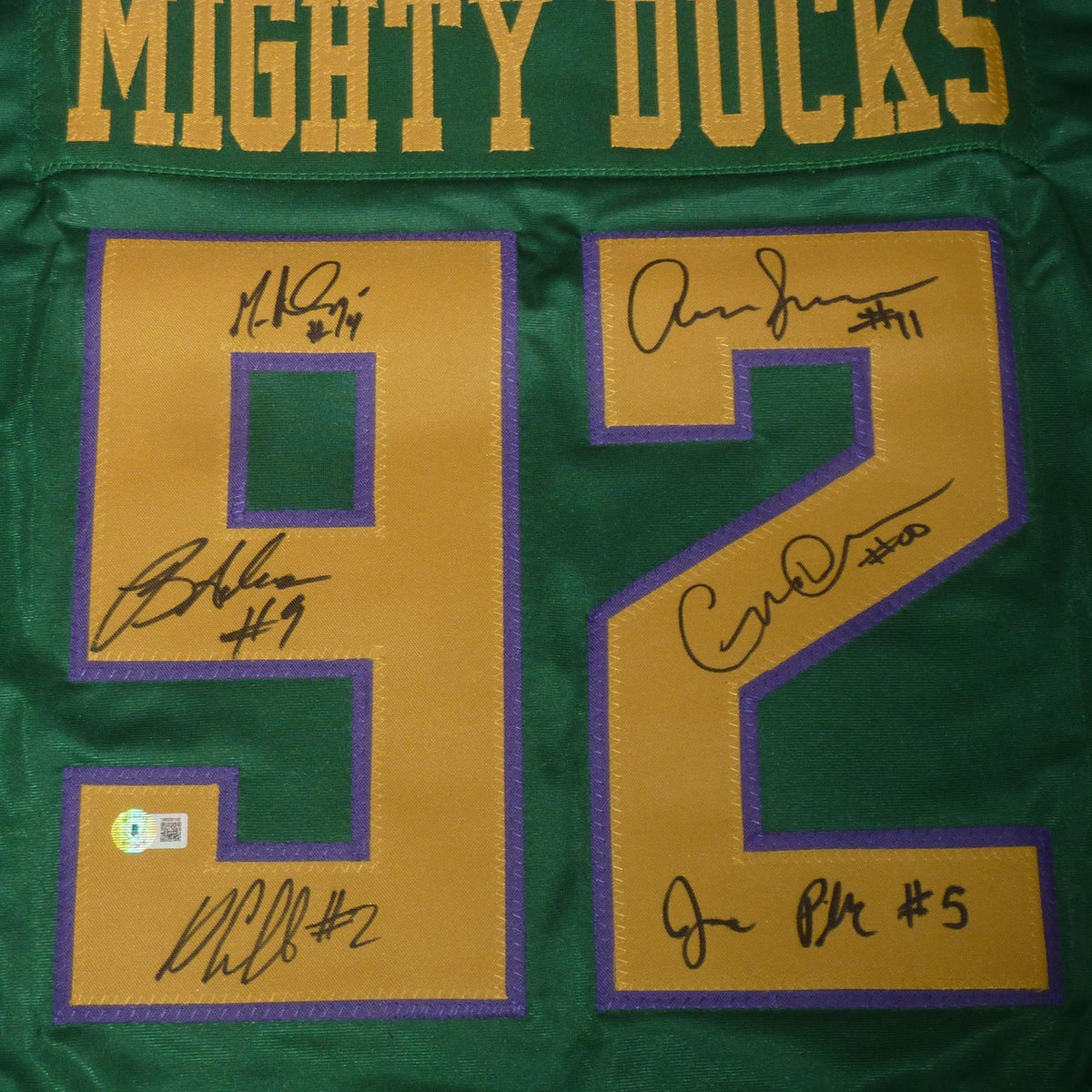 Autographed Mighty Ducks Cast (Green #92) Custom Hockey Jersey w/ Ducks Fly Together - 6 Signatures - Beckett-Powers Sports Memorabilia