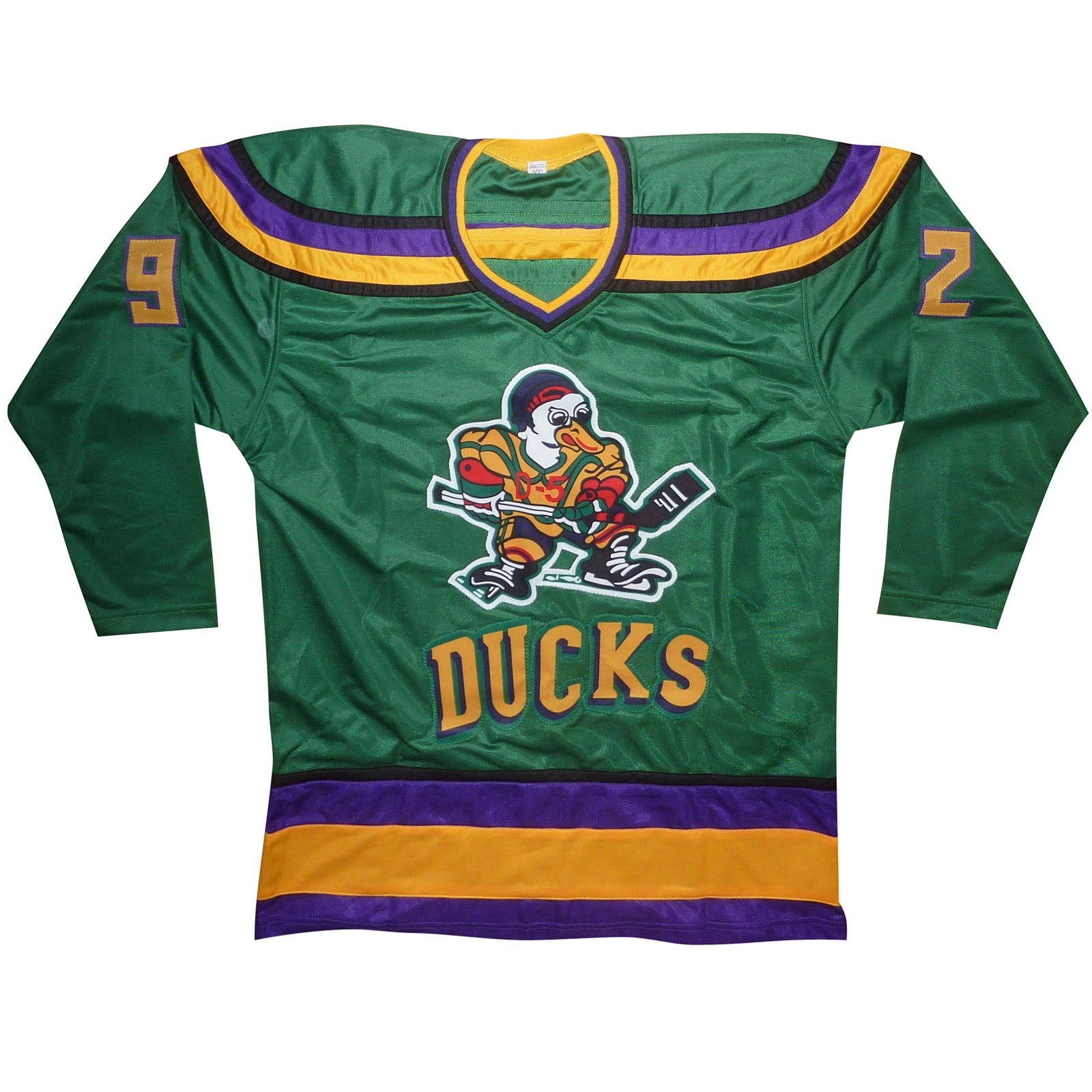 Autographed Mighty Ducks Cast (Green #92) Custom Hockey Jersey w/ Ducks Fly Together - 6 Signatures - Beckett-Powers Sports Memorabilia