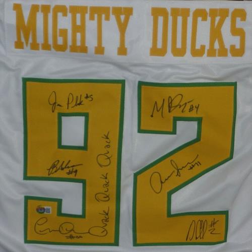 Autographed Mighty Ducks Cast (White #92) Custom Hockey Jersey w/ Quack Quack Quack - 6 Signatures - Beckett-Powers Sports Memorabilia