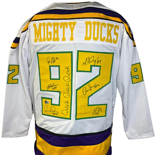 Autographed Mighty Ducks Cast (White #92) Custom Hockey Jersey w/ Quack Quack Quack - 6 Signatures - Beckett-Powers Sports Memorabilia