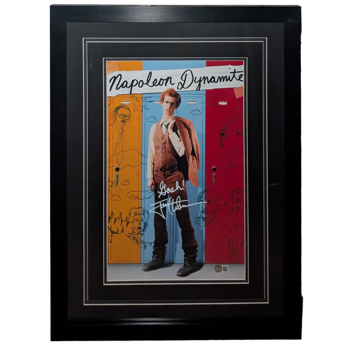 Autographed Jon Heder Napoleon Dynamite Deluxe Framed 11x17 Movie Poster w/ Inscription - Beckett-Powers Sports Memorabilia