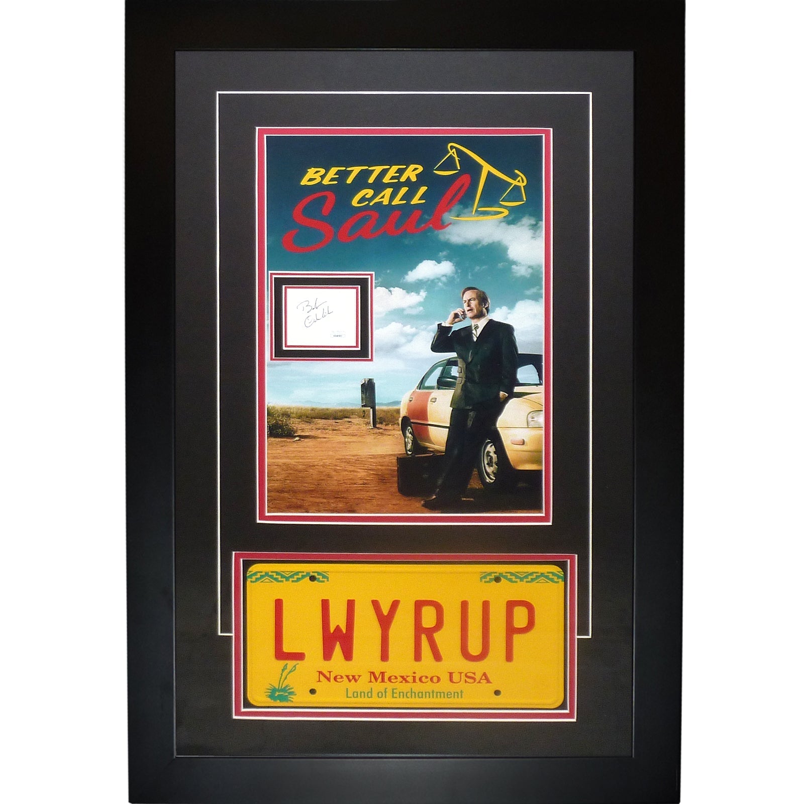 Better Call Saul 11x17 Movie Poster Deluxe Framed with Bob Odenkirk Autograph with LWYRUP License Plate - JSA-Powers Sports Memorabilia
