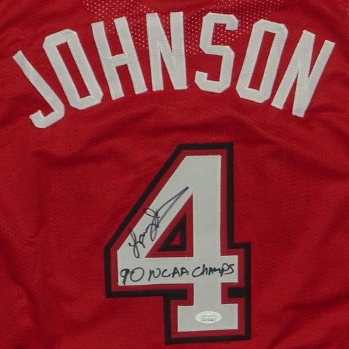 Autographed Larry Johnson UNLV Runnin Rebels (Red #4) Custom Jersey w/ 90 NCAA Champs - JSA-Powers Sports Memorabilia