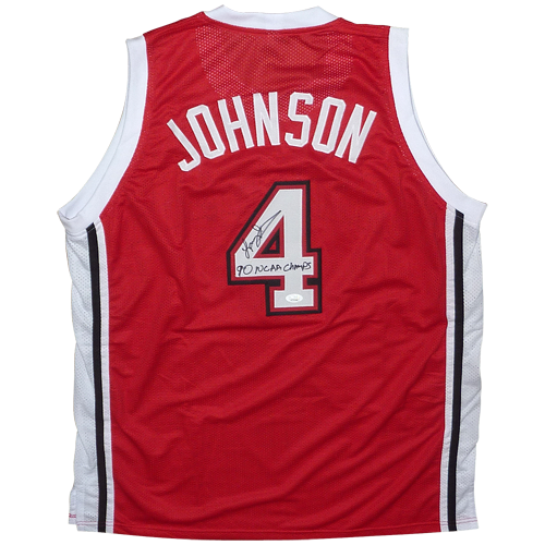 Autographed Larry Johnson UNLV Runnin Rebels (Red #4) Custom Jersey w/ 90 NCAA Champs - JSA-Powers Sports Memorabilia