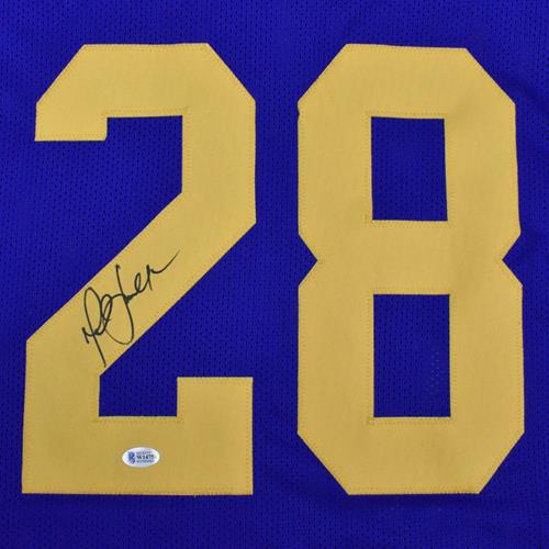 Autographed Marshall Faulk St. Louis Rams (Throwback Blue #28) Custom Jersey - Beckett-Powers Sports Memorabilia