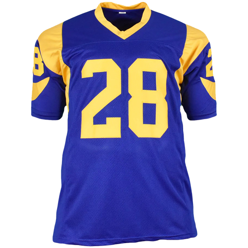 Autographed Marshall Faulk St. Louis Rams (Throwback Blue #28) Custom Jersey - Beckett-Powers Sports Memorabilia