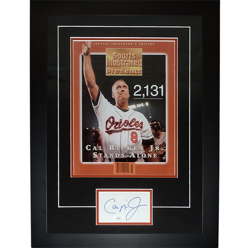 Autographed Cal Ripken Jr Baltimore Orioles (2131 Game) Sports Illustrated 11x14 Poster Deluxe Framed with Signature - JSA-Powers Sports Memorabilia