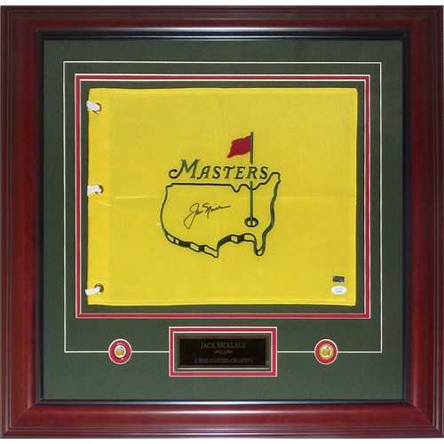 Autographed Jack Nicklaus Undated Masters Golf Pin Flag Deluxe Framed with Nameplate and Ball Markers - JSA-Powers Sports Memorabilia