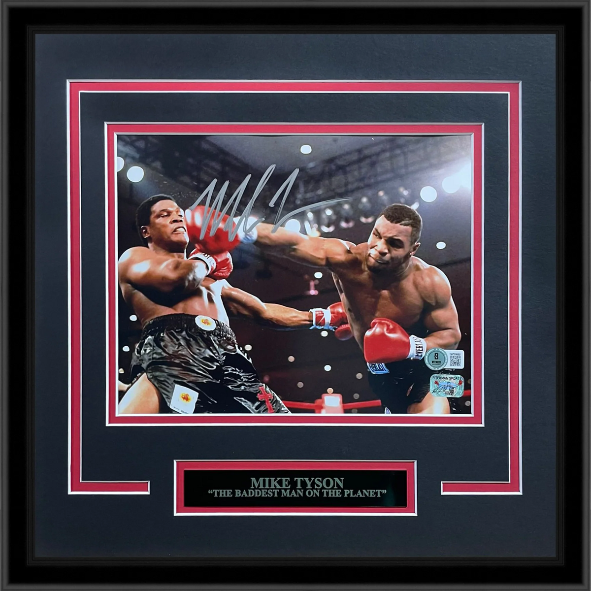 Autographed Mike Tyson Boxing (Action) Deluxe Framed 8×10 Photo w/ Nameplate - Tyson Holo-Powers Sports Memorabilia