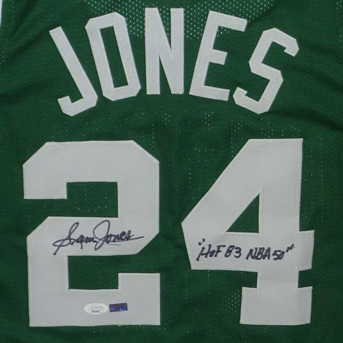 Autographed Sam Jones Boston (Green #20) Custom Jersey w/ HOF 83 NBA 50 - JSA-Powers Sports Memorabilia