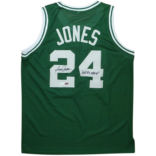 Autographed Sam Jones Boston (Green #20) Custom Jersey w/ HOF 83 NBA 50 - JSA-Powers Sports Memorabilia