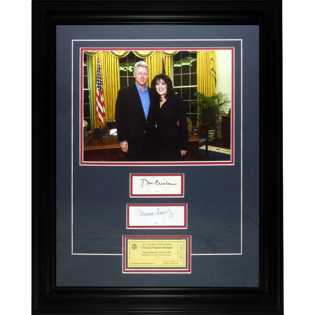 Autographed Bill Clinton And Monica Lewinsky Dual Presidential Deluxe Framed piece with Authentic Impeachment Trial Ticket - JSA-Powers Sports Memorabilia