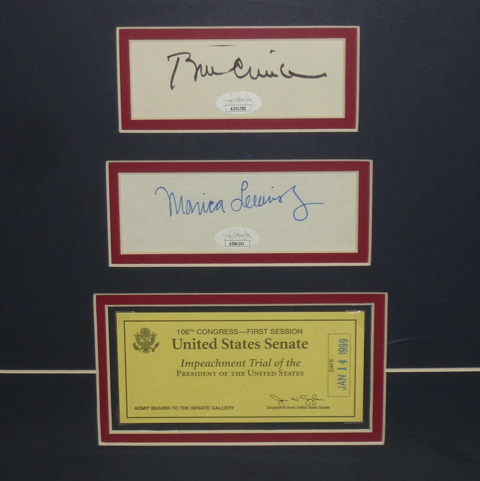 Autographed Bill Clinton And Monica Lewinsky Dual Presidential Deluxe Framed piece with Authentic Impeachment Trial Ticket - JSA-Powers Sports Memorabilia