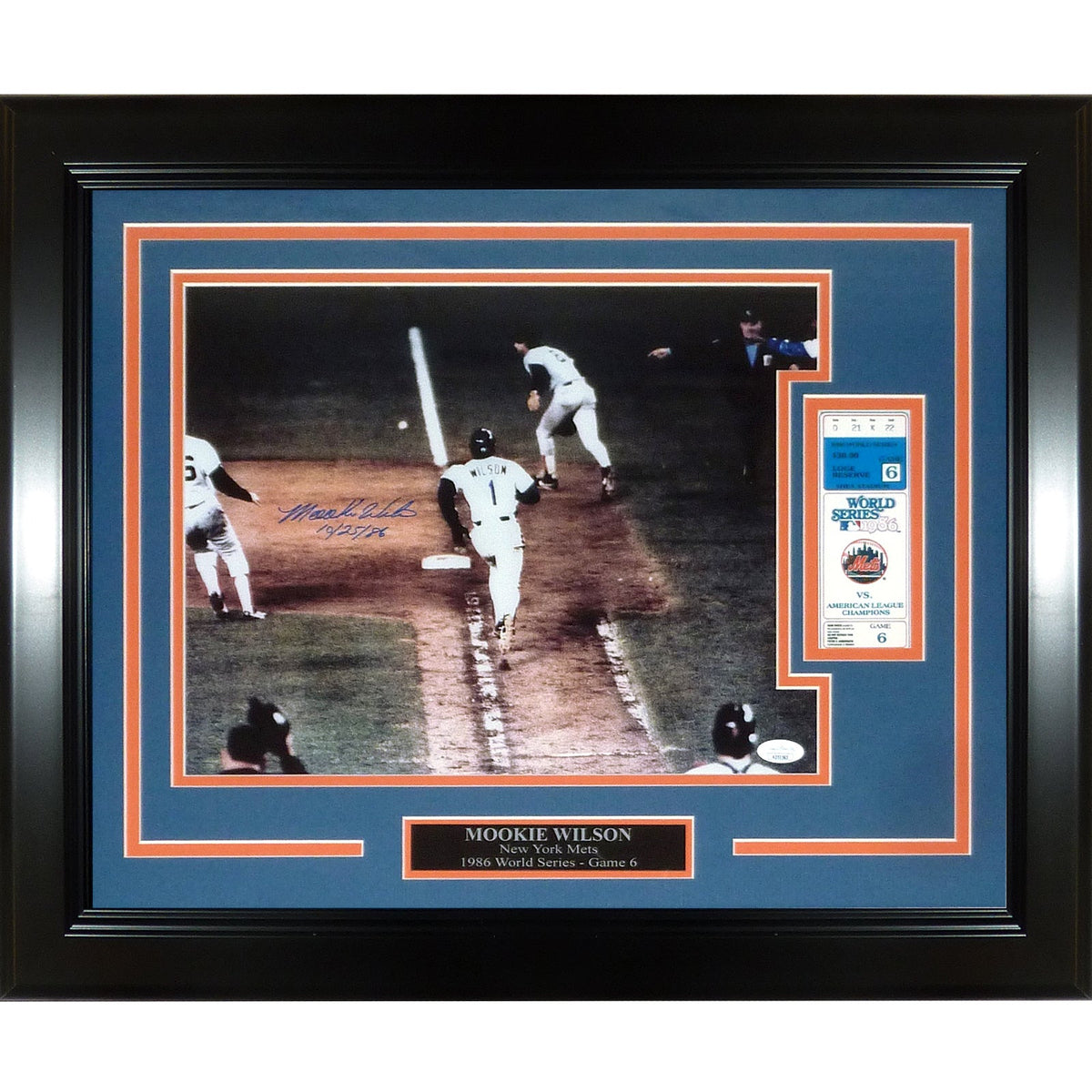 Autographed Mookie Wilson New York Mets (1986 World Series) Deluxe Framed 11x14 Photo w/ 10/25/86 and Replica Game 6 Ticket - JSA-Powers Sports Memorabilia