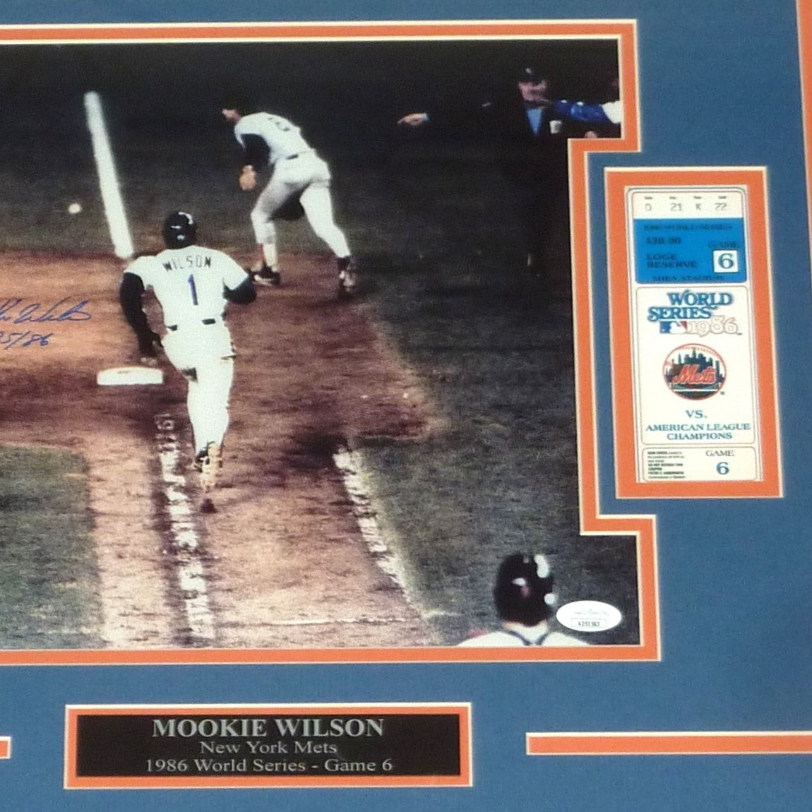 Autographed Mookie Wilson New York Mets (1986 World Series) Deluxe Framed 11x14 Photo w/ 10/25/86 and Replica Game 6 Ticket - JSA-Powers Sports Memorabilia
