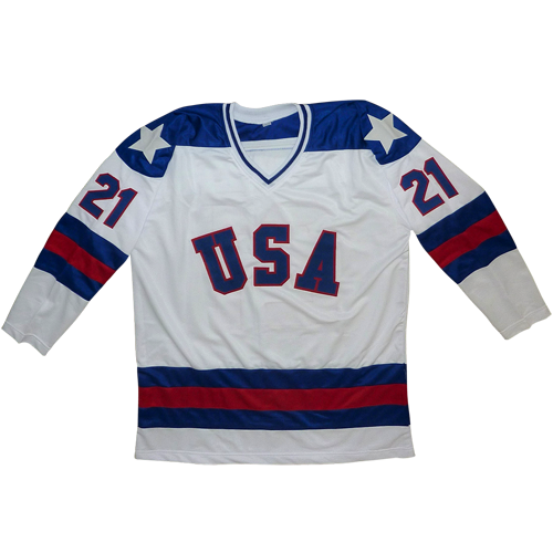Autographed Mike Eruzione USA Hockey (White #21) Custom Jersey - Beckett-Powers Sports Memorabilia
