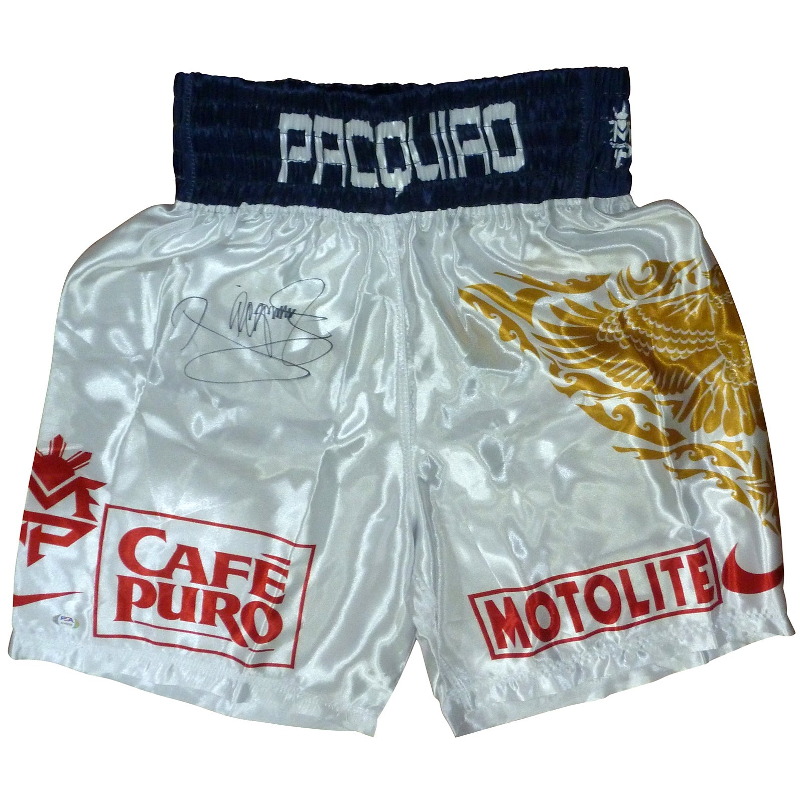 Autographed Manny Pacquiao Philippines (White) Team Pacquiao Boxing Trunks - PSA/DNA-Powers Sports Memorabilia
