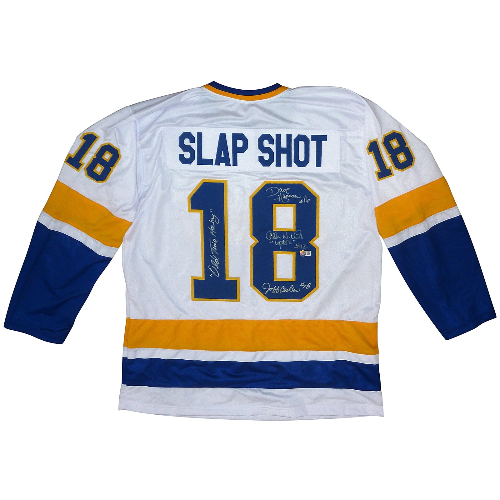 Autographed Hanson Brothers Slap Shot Movie Chiefs (White #18) Custom Hockey Jersey w/ "Old Time Hockey" - Beckett-Powers Sports Memorabilia