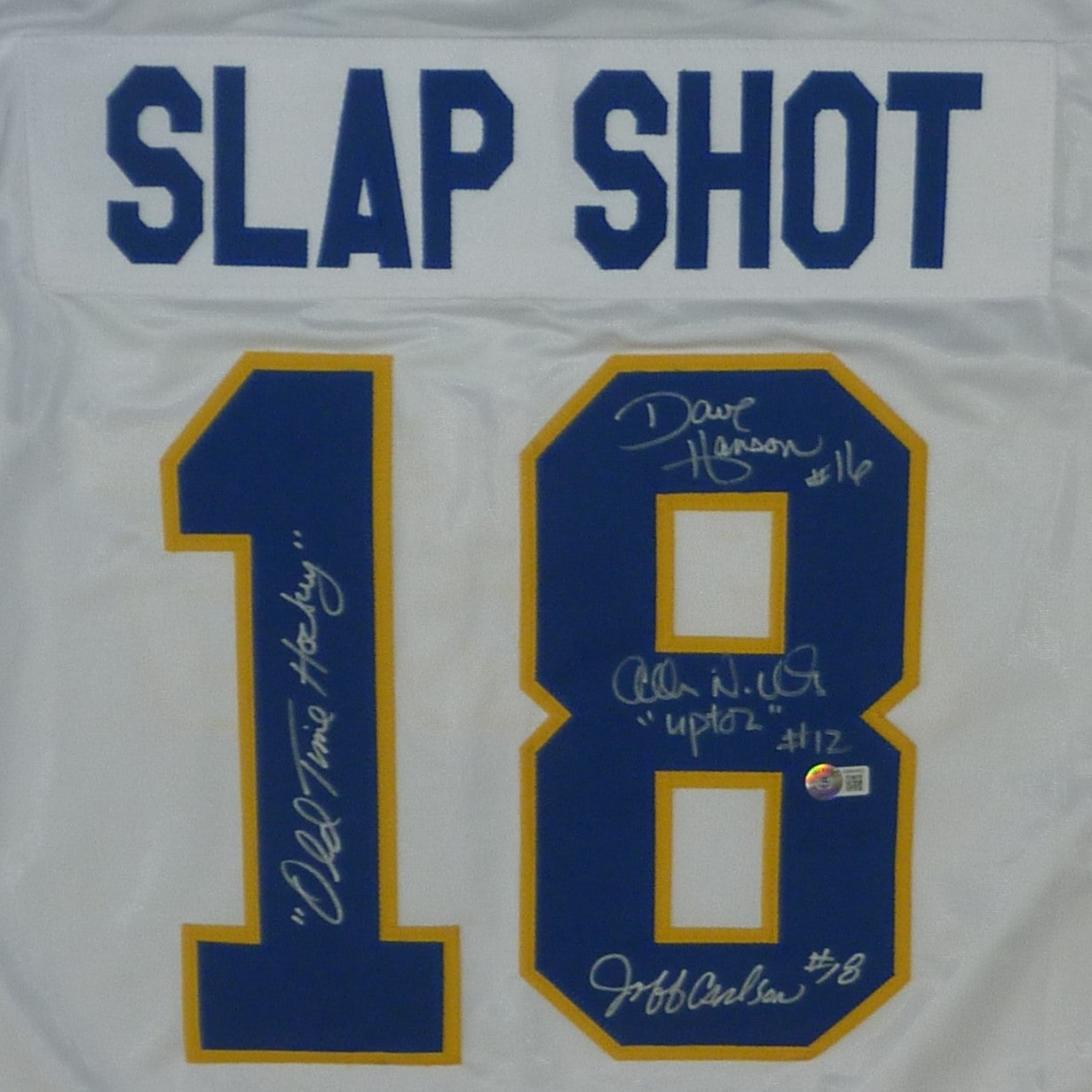 Autographed Hanson Brothers Slap Shot Movie Chiefs (White #18) Custom Hockey Jersey w/ "Old Time Hockey" - Beckett-Powers Sports Memorabilia
