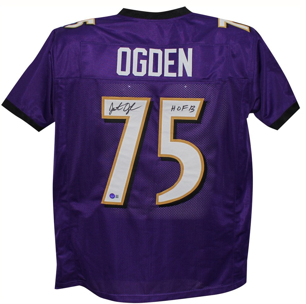 Autographed Jonathan Ogden Baltimore (Purple #75) Custom Jersey w/ HOF - Beckett-Powers Sports Memorabilia