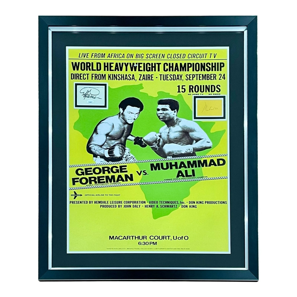 Rumble in the Jungle Full-Size Fight Poster Deluxe Framed with Muhammad Ali And George Foreman Autographs - JSA-Powers Sports Memorabilia