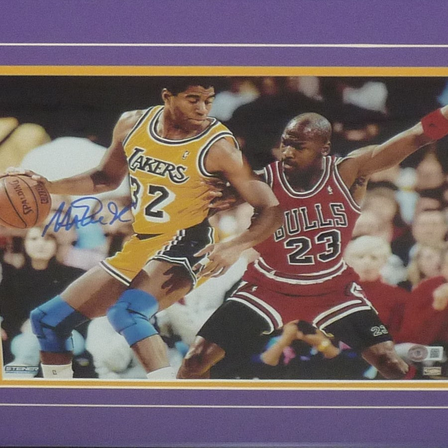 Autographed Magic Johnson Los Angeles Lakers (vs Michael Jordan) Deluxe Framed 11x14 Photo - Beckett-Powers Sports Memorabilia