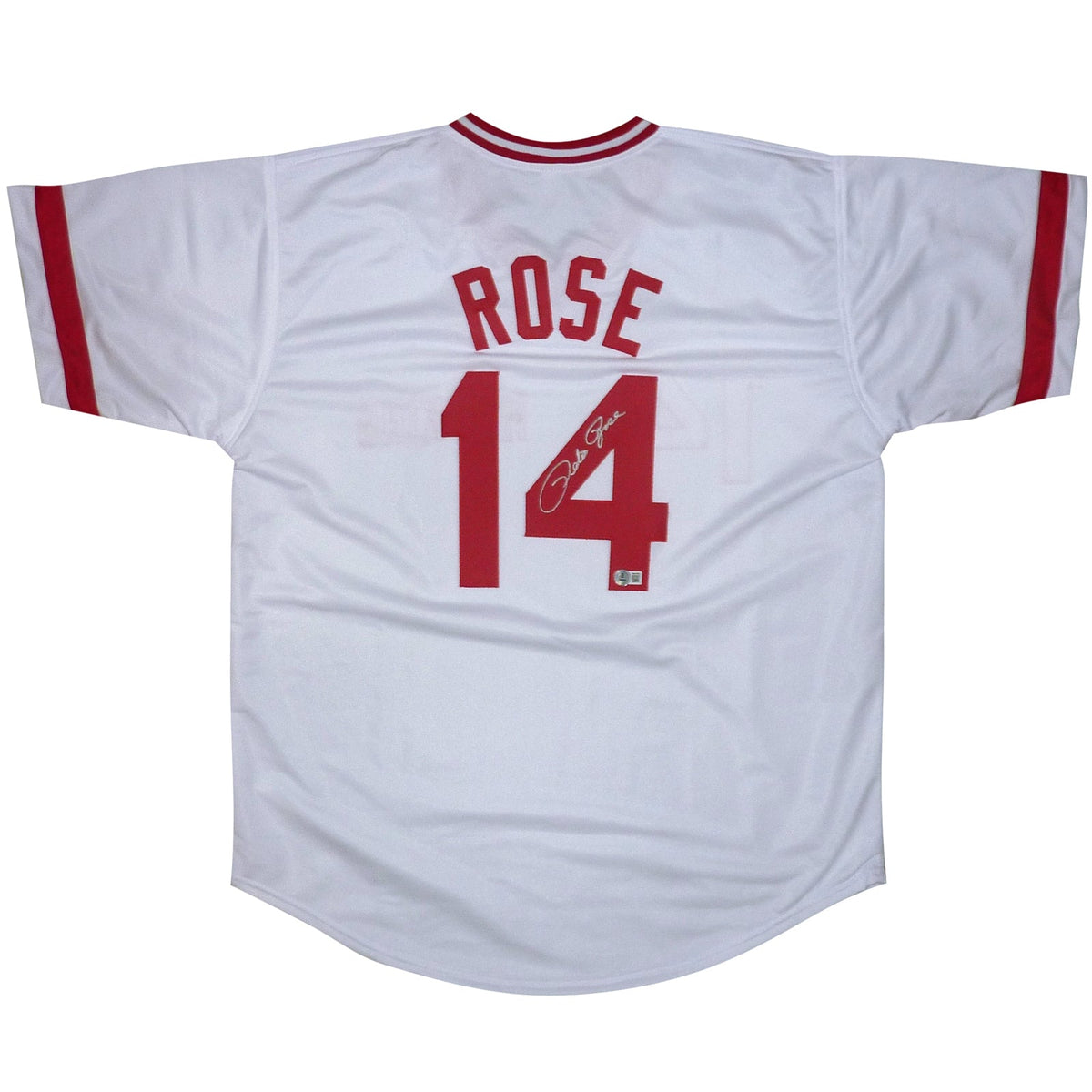 Autographed Pete Rose Cincinnati “Hit King” (White #14) Custom Jersey - Silver Signature - Beckett-Powers Sports Memorabilia