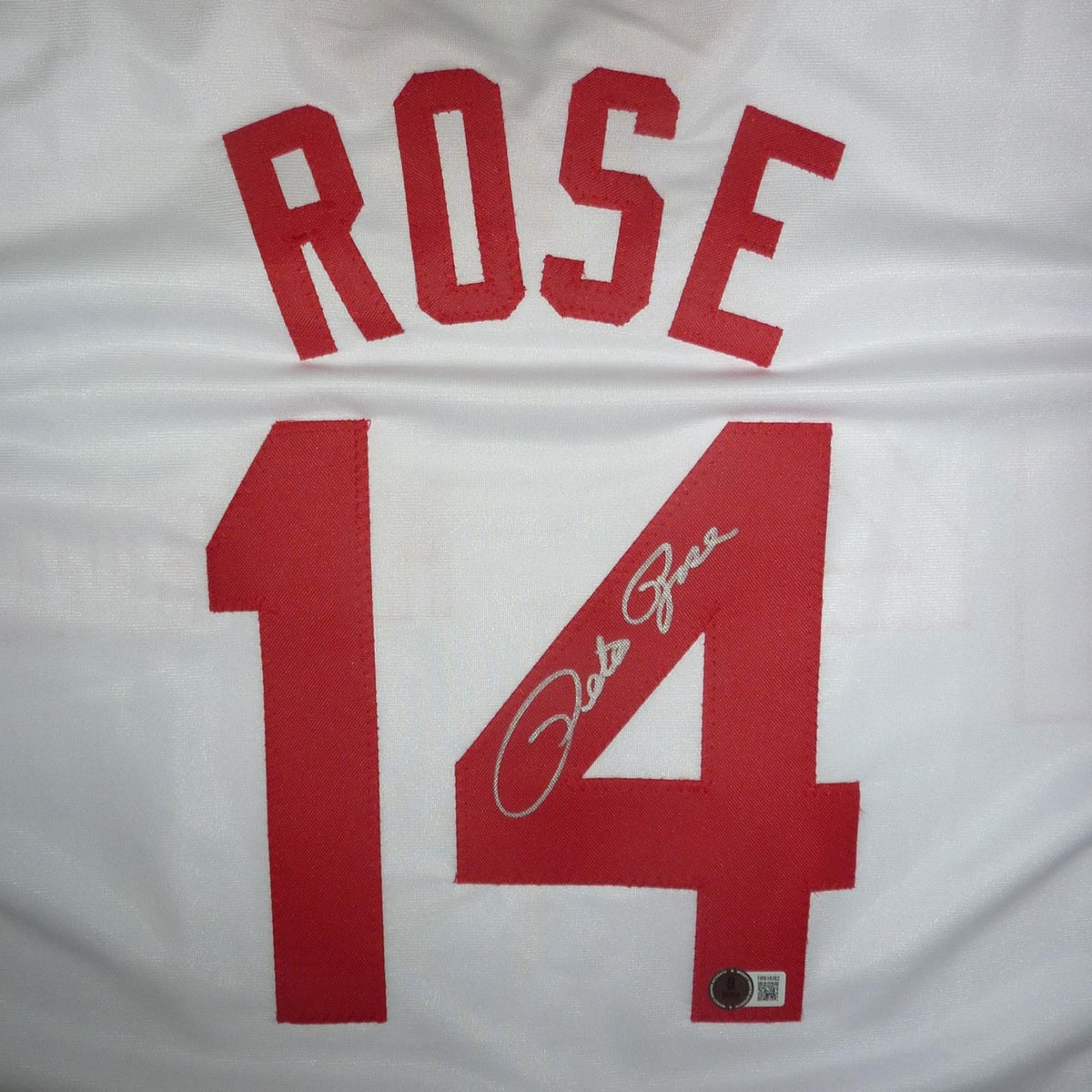 Autographed Pete Rose Cincinnati “Hit King” (White #14) Custom Jersey - Silver Signature - Beckett-Powers Sports Memorabilia