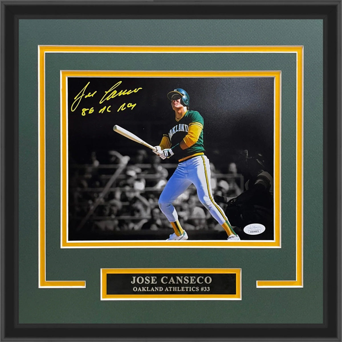 Autographed Jose Canseco Oakland Athletics Deluxe Framed 8x10 Photo w/ "86 AL ROY" - JSA-Powers Sports Memorabilia