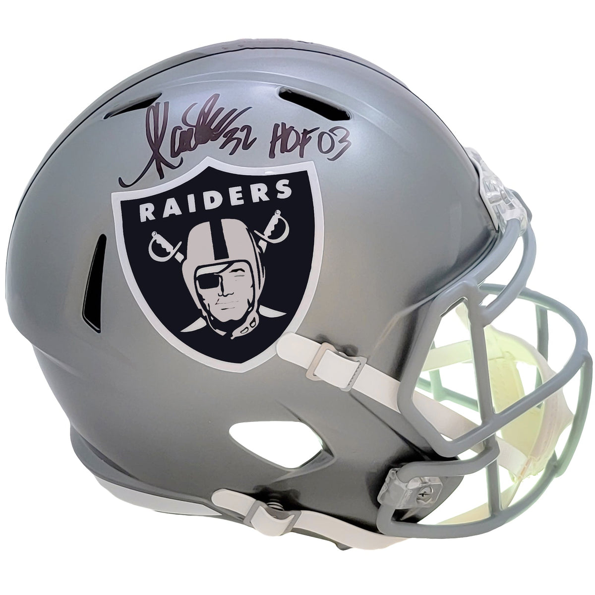 Autographed Marcus Allen Los Angeles Raiders (FLASH Alternate) Deluxe Full-Size Replica Helmet w/ HOF 03 - Beckett-Powers Sports Memorabilia