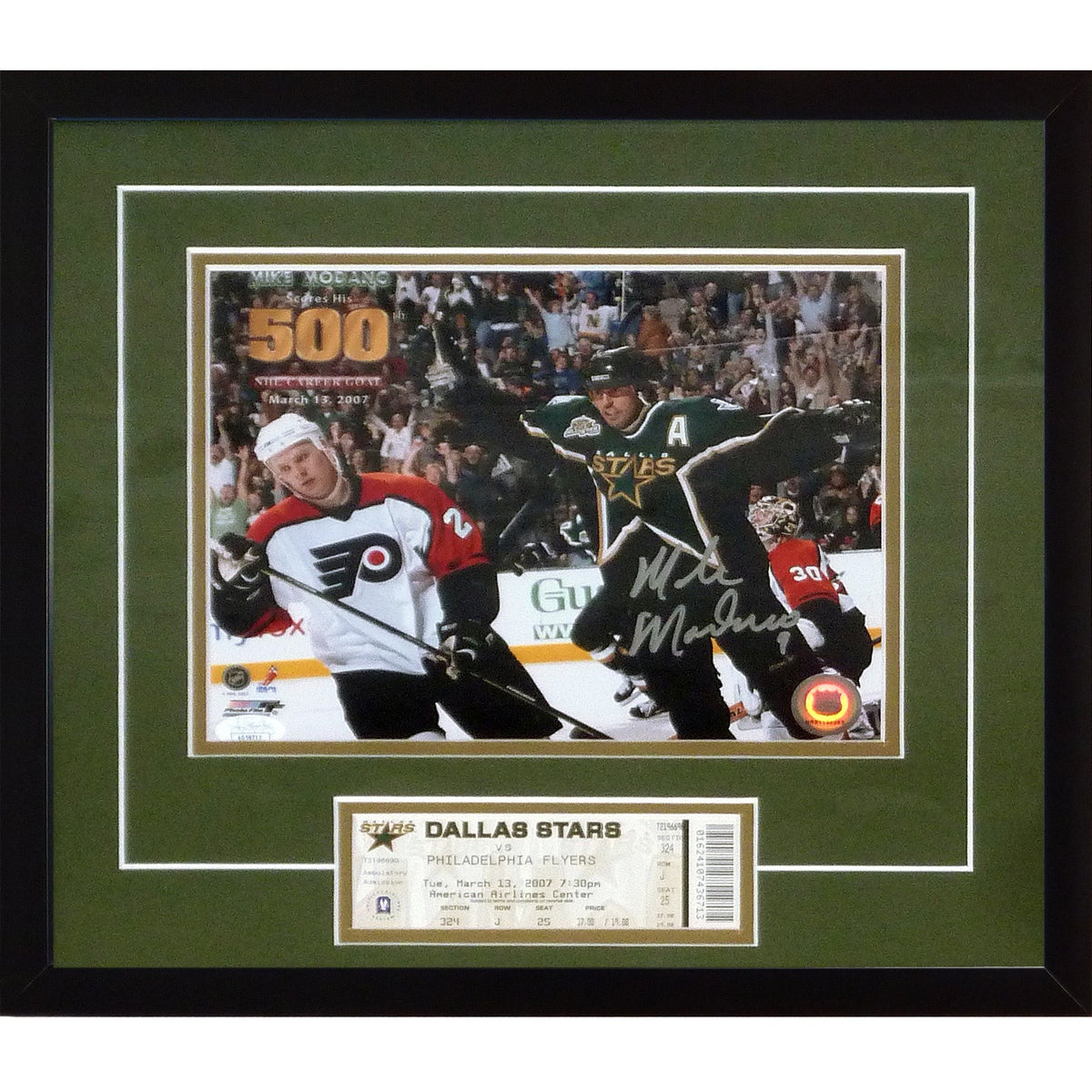 Autographed Mike Modano Dallas Stars (500th Goal) 8x10 Photo Deluxe Framed with Replica Game Ticket - JSA-Powers Sports Memorabilia