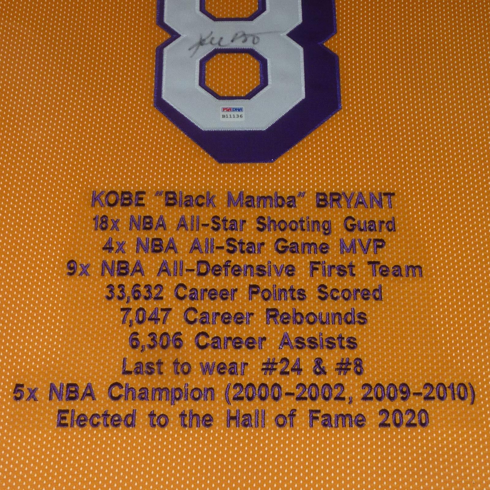 Autographed Kobe Bryant Los Angeles (Yellow #8 Embroidered STAT) Deluxe Framed Jersey - PSA/DNA, Beckett-Powers Sports Memorabilia